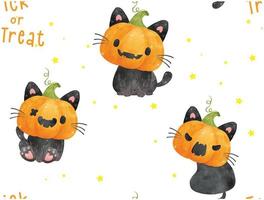 patroon naadloze achtergrond schattig pompoen hoofd gezicht balck katten hallooween aquarel hand getekende illustratie vector geïsoleerd op witte achtergrond