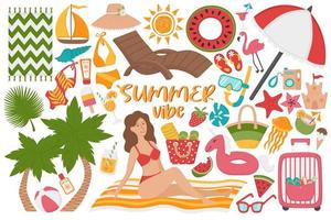 set zomervakantie op het strand. doodle platte clipart. alle objecten zijn opnieuw geschilderd. vector