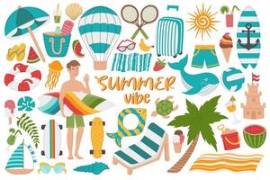 set zomervakantie op het strand. doodle platte clipart. alle objecten zijn opnieuw geschilderd. vector