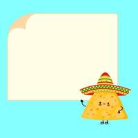 leuke grappige nacho's poster karakter. vector hand getekend cartoon kawaii karakter illustratie. geïsoleerde blauwe achtergrond. nacho's poster