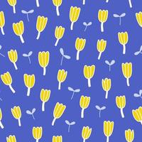 naadloos patroon met hand getrokken gele bloemen op blauwe achtergrond. eenvoudig ontwerp voor stof, huishoudtextiel, inpakpapier, omslag vector