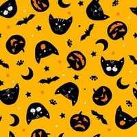 naadloos patroon met halloween. katten, pompoenen, maan, vleermuizen voor een feestelijke herfstprint. vectorafbeeldingen. vector