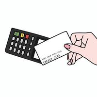 damehand die creditcard vasthoudt en naar de kaartbetaalmachine brengt. vector illustrator.