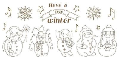 set van schattige sneeuwmannen op een witte achtergrond. vectorillustratie in doodle stijl. winterse stemming. hallo 2023. prettige kerstdagen en gelukkig nieuwjaar. vector