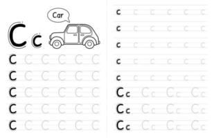 abc aalphabets overtrekboek interieur voor kinderen. kinderen schrijven werkblad met foto. premium vectorelementen letter c. vector