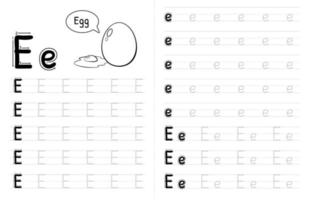 abc alfabetten overtrekboek interieur voor kinderen. kinderen schrijven werkblad met foto. premium vectorelementen letter e. vector