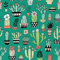 schattige bloeiende vector cactussen op groene achtergrond. handgetekende naadloze patroon, perfect voor stof, behang of cadeaupapier.