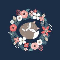 schattige handgetekende vossen in bloemenkrans. perfect voor T-shirt logo, wenskaart, poster, uitnodiging of print ontwerp. vector