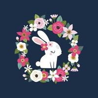 schattig wit konijn met vintage bloemen vector