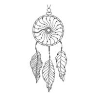 handgetekende dromenvanger met draden, kralen en veren. inheems Amerikaans symbool in boho-stijl. vector