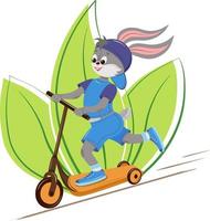 schattig cartoon konijntje op een scooter tegen een achtergrond van groene bladeren. platte cartoon vectorillustratie, geïsoleerd op een witte achtergrond. t-shirtontwerp voor kinderen, uitnodigings- of kerstkaartsjabloon. vector