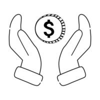 dollar munt in handen lijn pictogram. vector