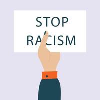 stop racisme briefkaart woorden in cartoon hand, protest concept. anti-racisme demonstratie, diverse mensen samen. vector