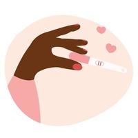 de hand die van de zwarte vrouw positieve zwangerschapstest houdt. begin zwangerschap concept. vector