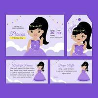 paarse prinses verjaardagsuitnodiging set vector