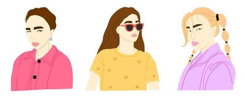 drie meisjes gekleed in trendy kleding. bundel hipstermeisjes. meisje macht concept. met de hand getekende gekleurde illustratie vector