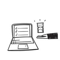 hand getrokken doodle laptop document en zandloper symbool voor business management illustratie vector