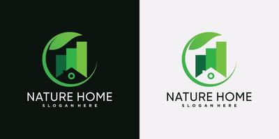 natuurhuis logo ontwerpsjabloon met groen blad en creatief element vector