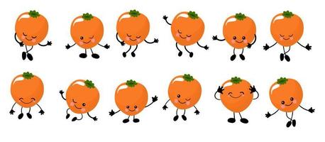 kaki. schattig karakter vrolijk met armen en benen. Oranje kleur. set van fruit geïsoleerd op een witte achtergrond. vector