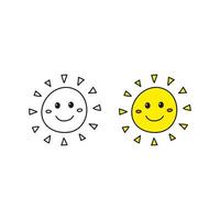 doodle overzicht en gekleurde happy smiley zon pictogrammen geïsoleerd op een witte achtergrond. vector