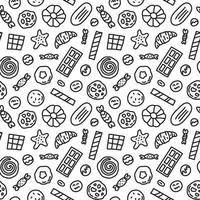 zwart-wit naadloze patroon met doodle overzicht cookies, wafels en snoepjes. vector