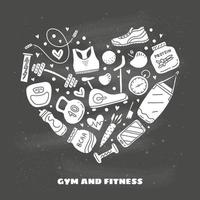 doodle gym en fitness pictogrammen samengesteld in hartvorm. vector