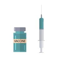 plastic medische spuit icoon met naald en flacon in vlakke stijl, concept van vaccinatie, injectie. coronavaccin. geïsoleerd op een witte achtergrond .vector afbeelding. vector