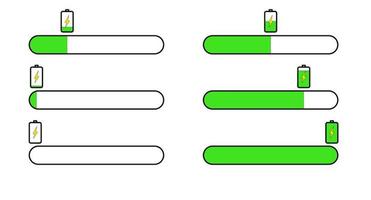 batterij laadset, vector batterijpictogram. opladen van laag naar hoog. geïsoleerde vectorillustratie