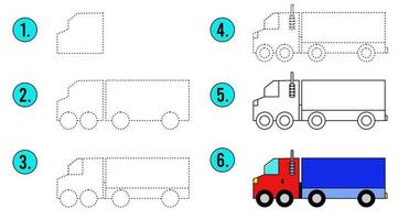 kleurplaat overzicht en teken tutorial. hoe een auto te tekenen. vrachtwagen te traceren. vector traceerspel. stap voor stap. educatief spel van punt naar punt voor kinderen.