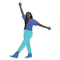 portret van een zwarte cartoon schattig meisje dat op één been staat met haar handen omhoog, platte vector, isoleren op een witte achtergrond vector