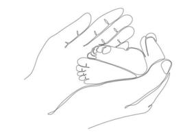 ononderbroken lijntekening van de hand van de moeder met het concept van babyvoeten, moederschapsfamilie, vectorillustratie vector