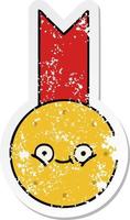 verontruste sticker van een leuke cartoon gouden medaille vector