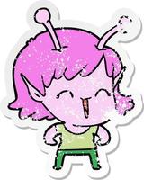 verontruste sticker van een cartoon buitenaards meisje dat lacht vector