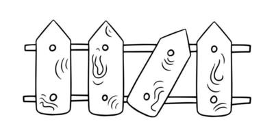 zwart-wit afbeelding, houten hek met een gebroken deel, vectorillustratie in cartoon-stijl op een witte achtergrond vector