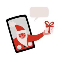 de kerstman geeft een geschenkdoos uit de smartphone. vector