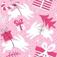 kerst roze naadloze patroon met konijnen en geschenken. vector