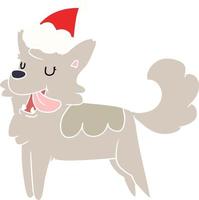 egale kleurenillustratie van een gelukkige hond die een kerstmuts draagt vector