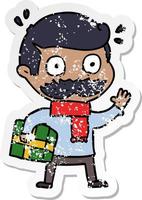verontruste sticker van een tekenfilmman met snor en kerstcadeau vector