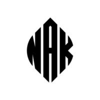 nak cirkel letter logo ontwerp met cirkel en ellipsvorm. nak ellips letters met typografische stijl. de drie initialen vormen een cirkellogo. nak cirkel embleem abstracte monogram brief mark vector. vector