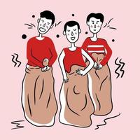 drie jongens die deelnemen aan balap karung-wedstrijd om de onafhankelijkheidsdag van indonesië te vieren vector