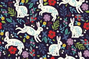 naadloos patroon met witte konijnen en bloemen. vectorafbeeldingen. vector