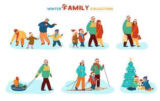 vector familie winter buitenactiviteiten set. sneeuwballengevecht spelen, wandelen, snowtubing, skiën, kinderen die corgi knuffelen bij de kerstboom, ouders die cadeaus kopen. geïsoleerd op wit.