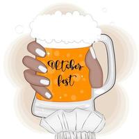 oktoberfest, vrouwelijke hand met bier dat oktoberfest viert, vectorillustratie vector