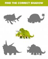 educatief spel voor kinderen vind de juiste schaduwset van schattige cartoon prehistorische dinosaurus triceratops vector