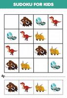 Onderwijs spel voor kinderen sudoku voor kinderen met leuke cartoon prehistorische dinosaurus mammoet ei tyrannosaurus xenoceratops foto vector
