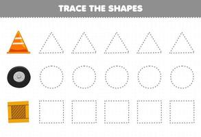 educatief spel voor kinderen traceer de vormen vierkante houten kist driehoek verkeerskegel cirkel band wiel afdrukbaar werkblad vector