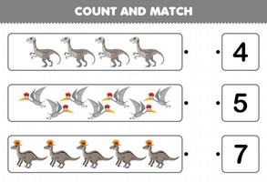educatief spel voor kinderen tellen en matchen tel het aantal cartoon prehistorische grijze dinosaurussen en match met de juiste nummers afdrukbaar werkblad vector