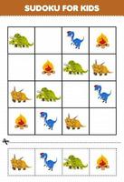 Onderwijs spel voor kinderen sudoku voor kinderen met leuke cartoon prehistorische dinosaurus triceratops oviraptor xenoceratops fire foto vector