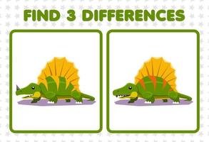 educatief spel voor kinderen vind drie verschillen tussen twee schattige prehistorische dinosaurus dimetrodon vector