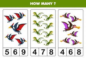 educatief spel voor kinderen tellen hoeveel leuke cartoon prehistorische vliegende dinosaurus vector